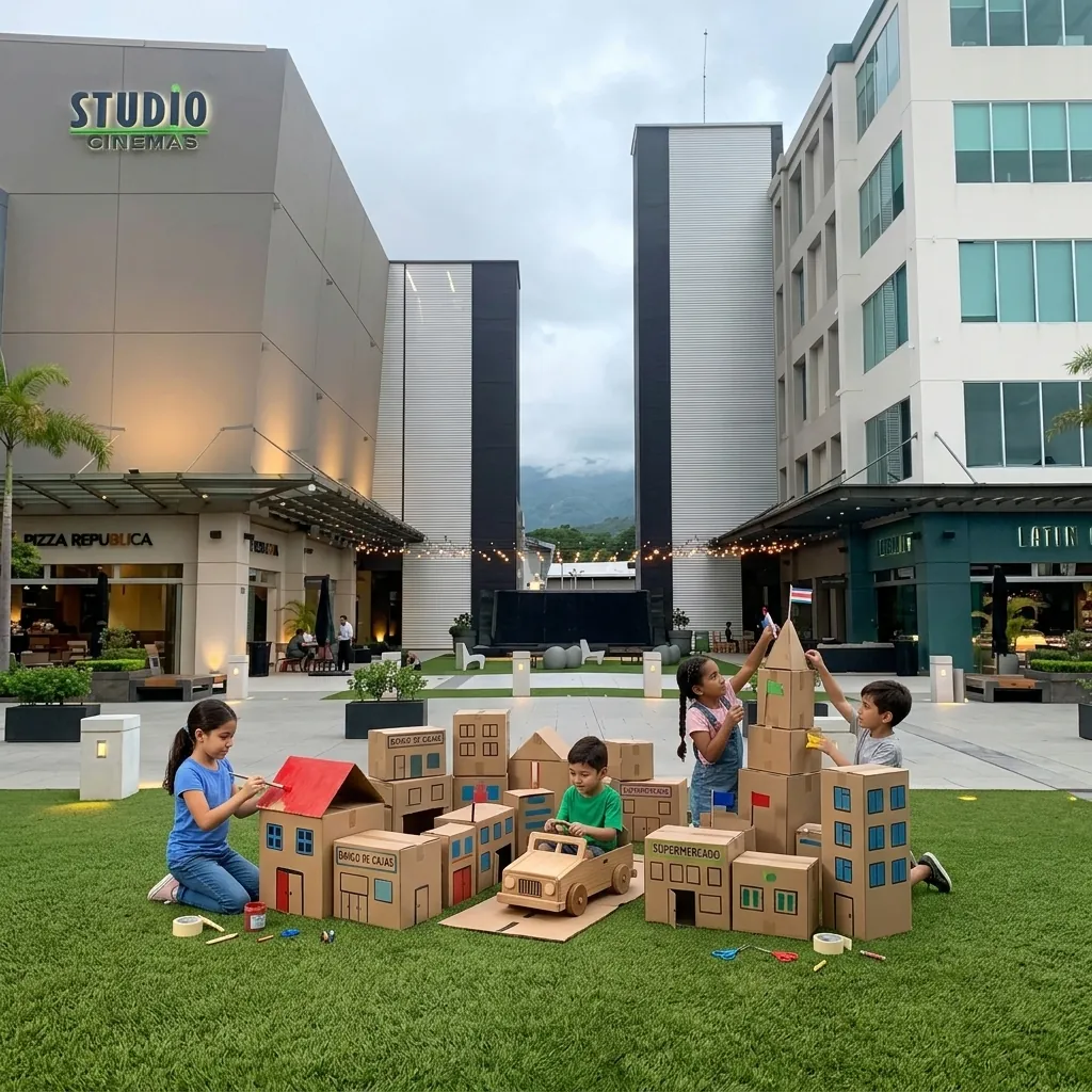 Niños construyendo una ciudad de cartón en la plazoleta de City Place